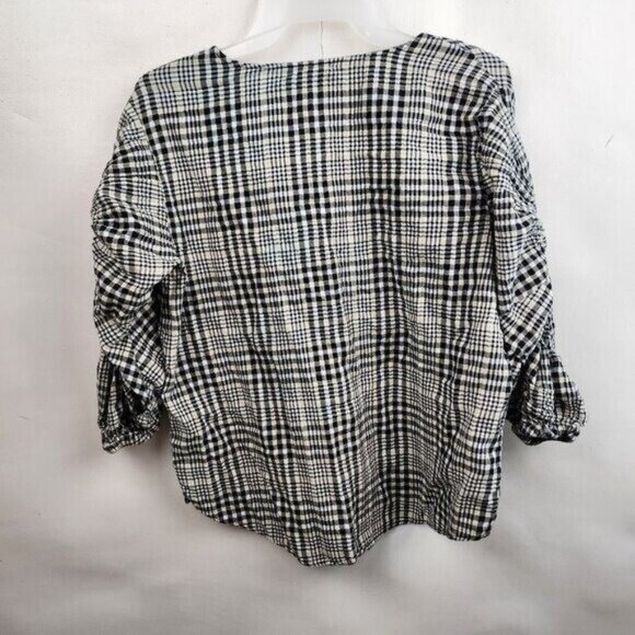 Zara Basic Womens Blouse Top Small Beige Black Plaid 3/4 Sleeve Preppy Academia - Picture 6 of 6